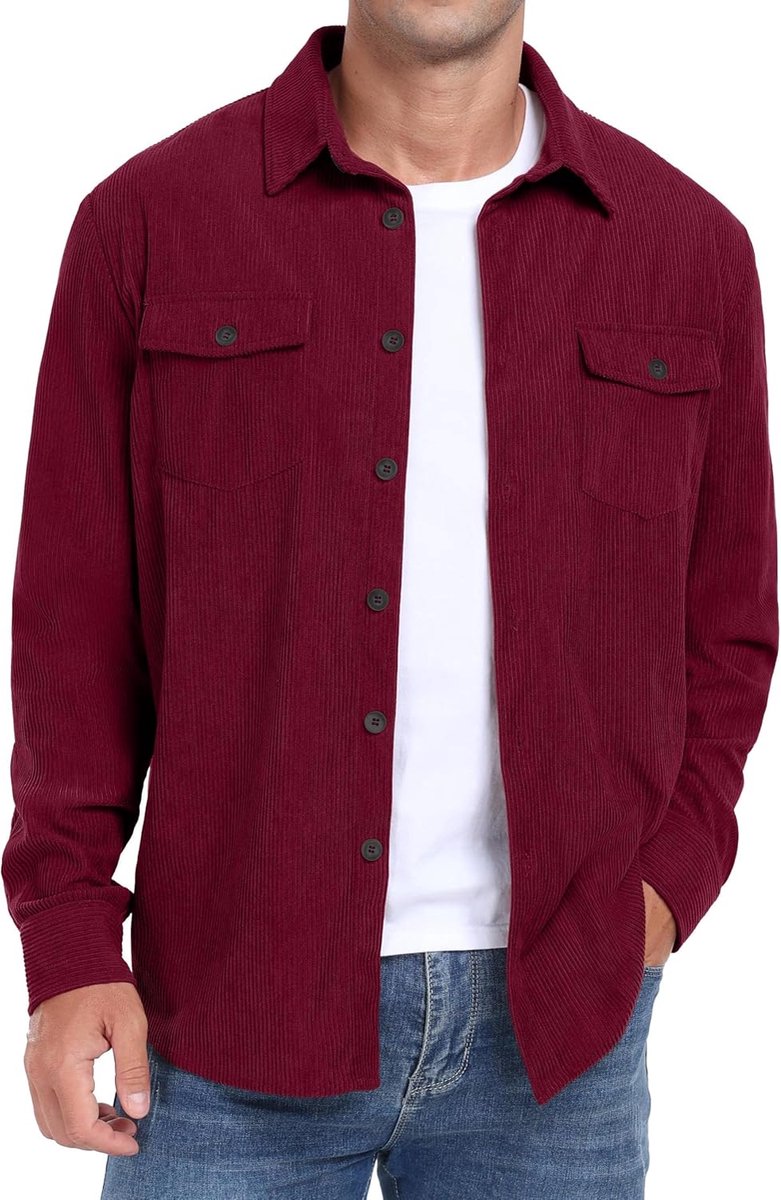 Heren corduroy overhemd lange mouwen button down vrijetijdshemd regular fit jas herfst winter mantel met klepzakken