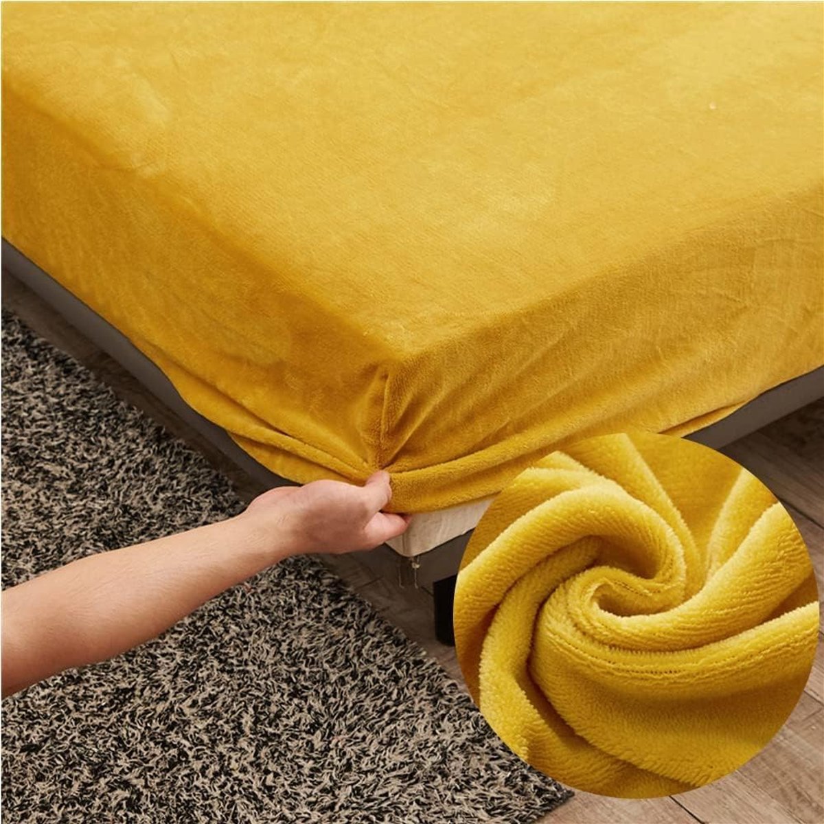 Verstelbaar flanellen hoeslaken 140 x 200 cm - geel winter elastisch fluwelen hoeslaken, hoeslaken 140 x 190 cm, geschikt voor matras 25-30 cm