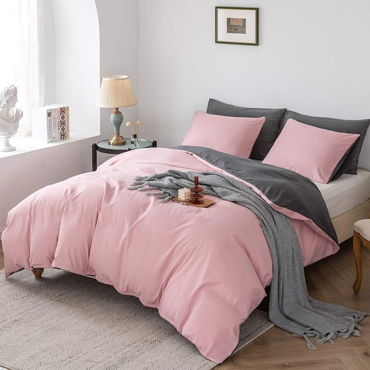 Beddengoed 135×200cm Roze Uni Grijs Omkeerbaar Beddengoed Set 2-delig Superzachte Zachte Microvezel Dekbedovertrek met Ritssluiting + 1 Kussensloop 80 × 80 cm