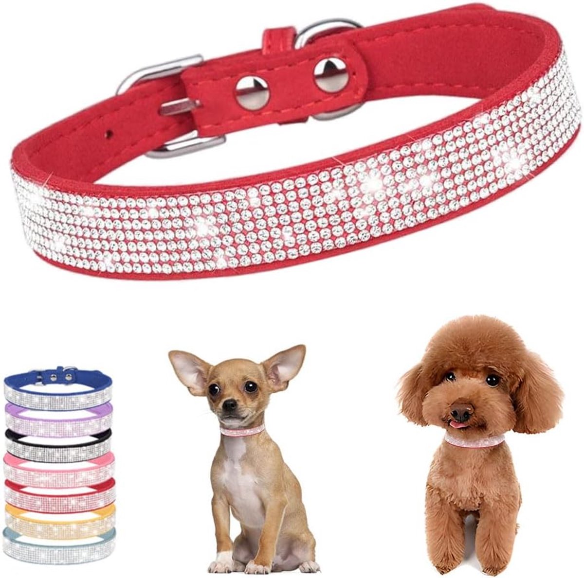 Oogverblindende Sprankelende Kristal Strass Verstelbare Puppy Kat Huisdier Halsbanden Rood Groot