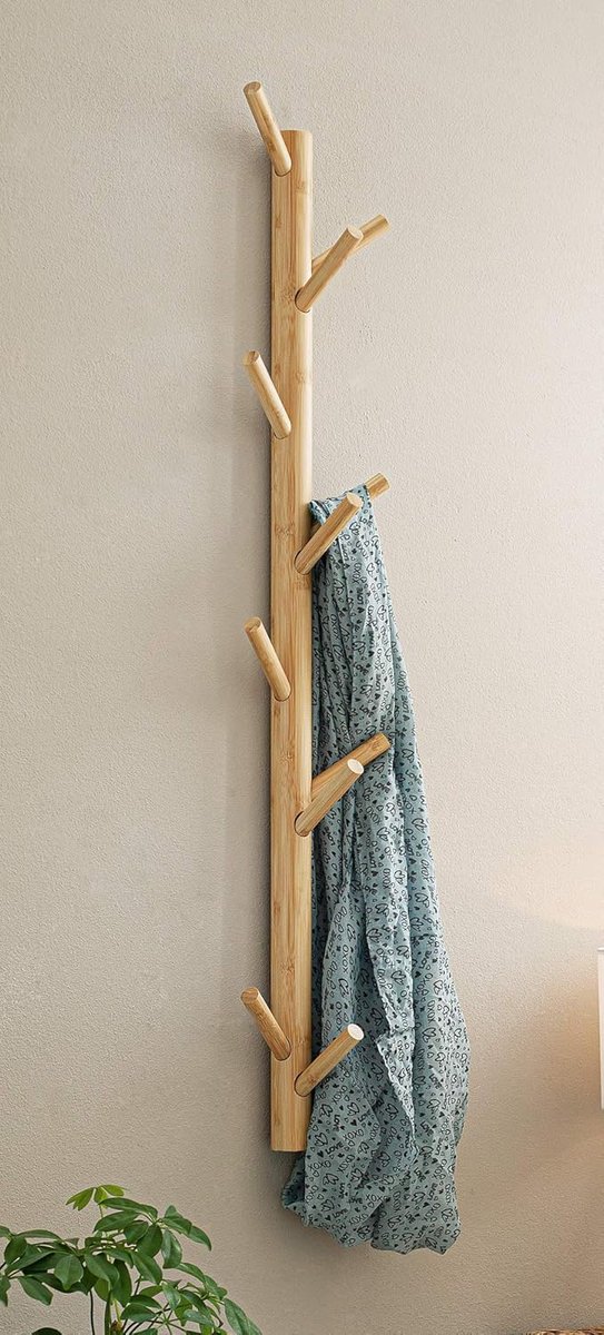 "Bamboe" met 11 haken, bruin, 100 cm hoog, van massief hout in Scandi-stijl, halgarderobe, haaklijst