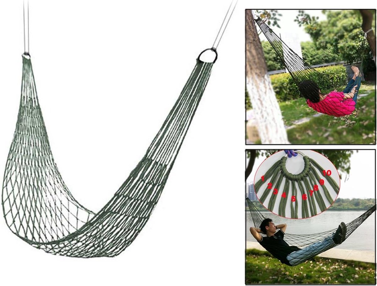 Hangmat, nylon net, outdoor hangmat, draagbare hangmat voor outdoor, 100 kg draagkracht, voor outdoor, sport, wandelen, kamperen, tuin, groen