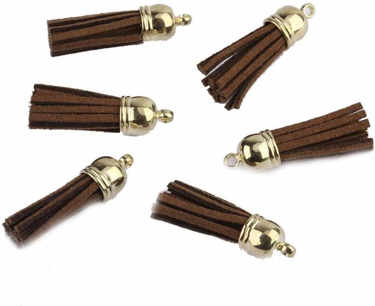 20 Stuks Lederen Kwastje 3CM Kleine Suède Kwastje Met Gouden Cap Faux Lederen Sleutelhanger Tas Hanger Kwastje Hanger Voor Diy Tas Sieraden Crafting Charm Accessoires Donkerbruin
