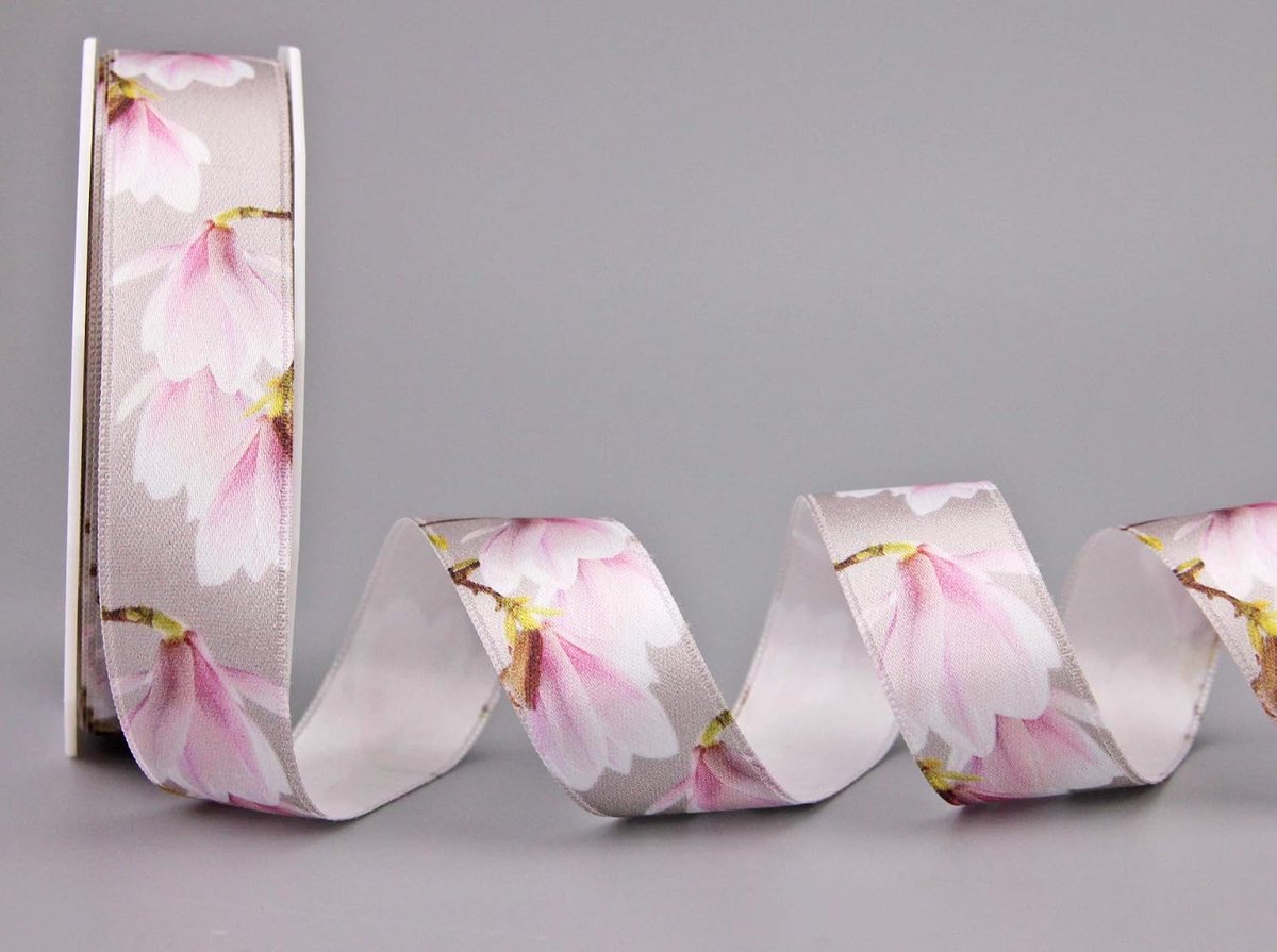decoratielint Magnolien 25 mm satijnlint cadeaulint lint zonder draad bedrukt met bloemen 20 m x 25 mm lichtgrijs/roze.