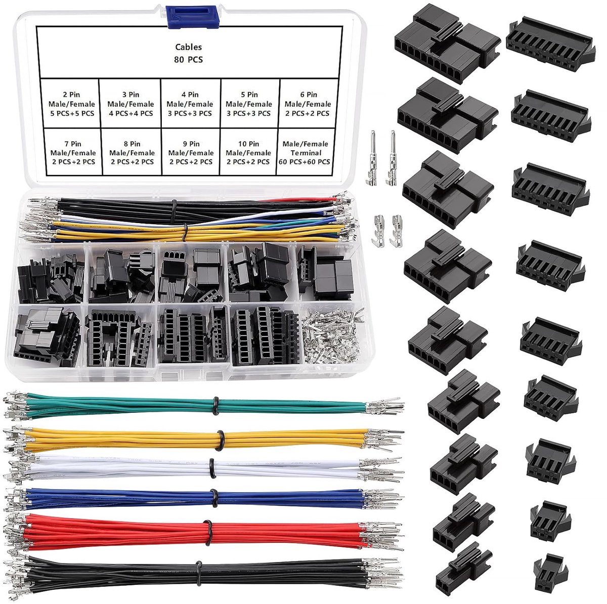 250 Stuks 2.5mm 2/3/4/5/6/7/8/9/10-Pins JST-SYP Connectorset, JST SYP Vrouwelijke en Mannelijke Stekkerbehuizing Krimpconnectorset, met 22AWG Dubbelvoudige Kop Voorgekrompen Kabeldraad