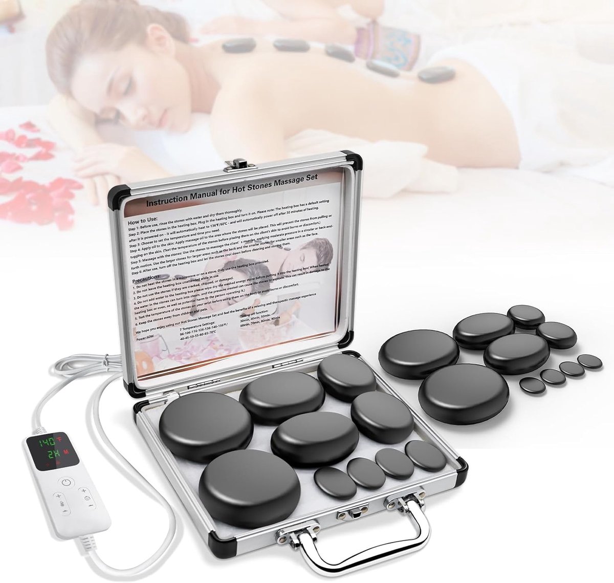 hete stenen verwarmer, massagesteenverwarmingsset, draagbare elektrische Hot Stone massageset, 10 stuks warme massagestenen van basalt, voor massagetherapie, ontspanning en