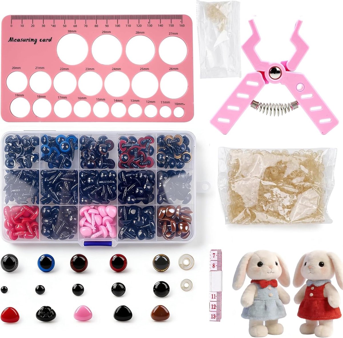 Ogen en neuzen kit - hulpgereedschap voor Amigurumi haken met 752 stuks veiligheidsogen neuzen en tangen meetlint, 5-31 mm maat compatibel (roze)