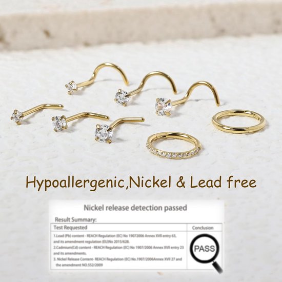 8 STKS Hypoallergene Titanium Neus Ring Stud, Gouden Neus Hoop voor Vrouwen Mannen Zilveren Dunne Neus Ringen L-Vorm Kurkentrekker CZ Dunne Neus Piercing Sieraden 2mm/2.5mm/3mm Kleine Neus Studs — afbeelding 4