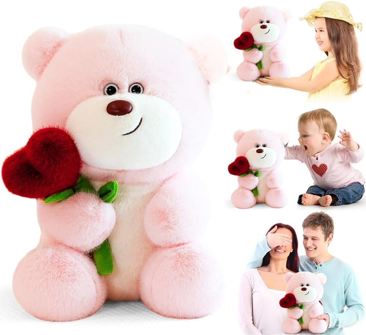Teddybeer met Hart-roos, 28 cm, Pluche Beer, Teddybeer met Liefde, Roze, Knuffeldier, Speelgoed, Decoratieve Kamer, Pluche Knuffeldier, Cadeaus voor Kinderen, Meisjes