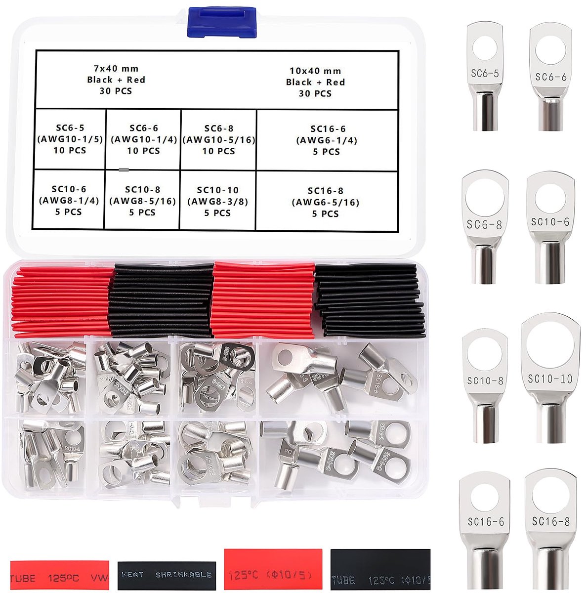 115 Stuks M5/M6/M8/M10 Ringklemmen Set, Buisvormige Batterijkabeluiteinden, Batterij Kabel Eind Terminals, met Krimpkousen, voor Elektrische Kabel, Zilver