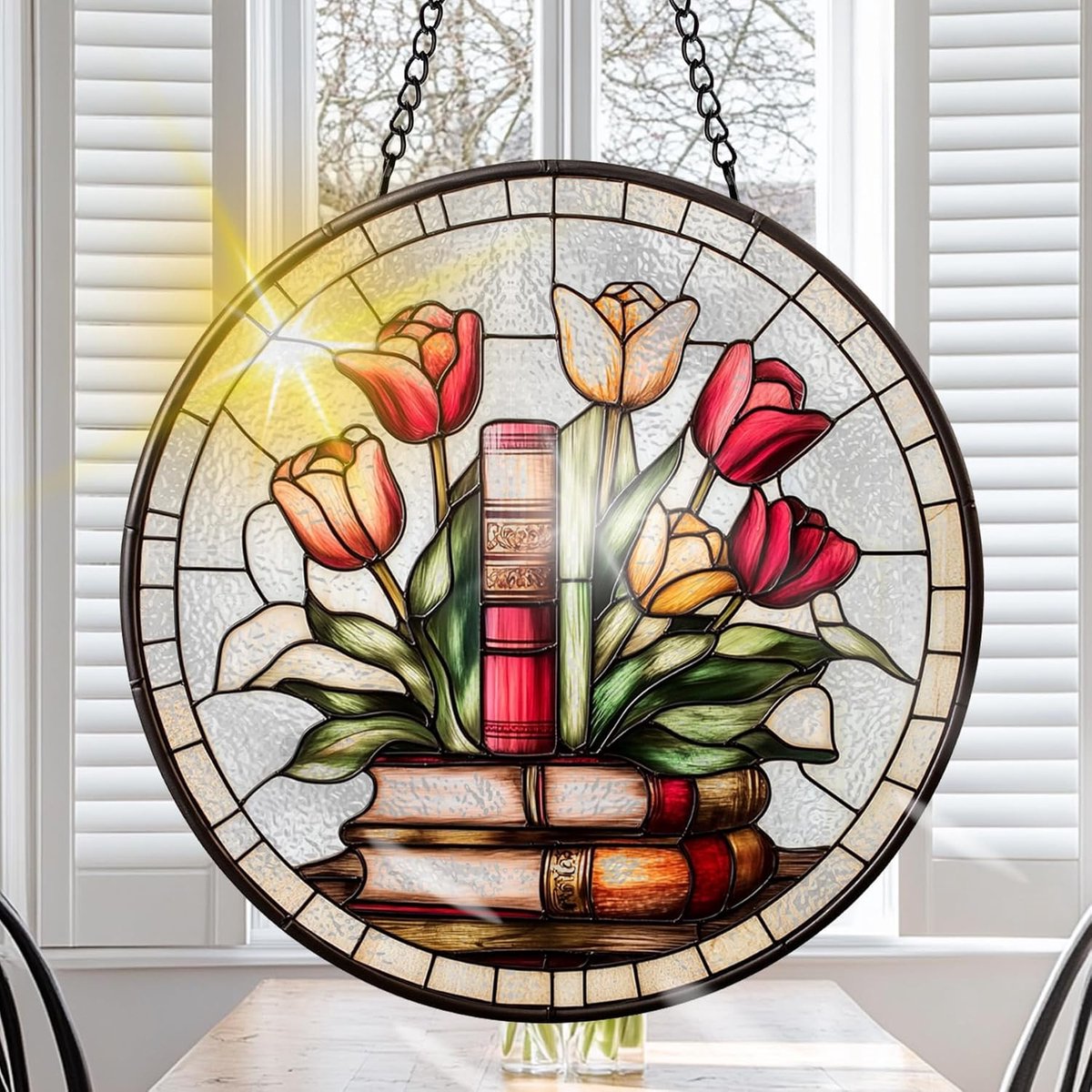 Boek Gekleurde Glas Zonnevanger 20 cm, Decoratief Roos Glasraam Ornament met Ketting en Ophanghaak, Raamdecoratie voor Venster, Woonkamer, Tuin of Balkon, Cadeau Idee