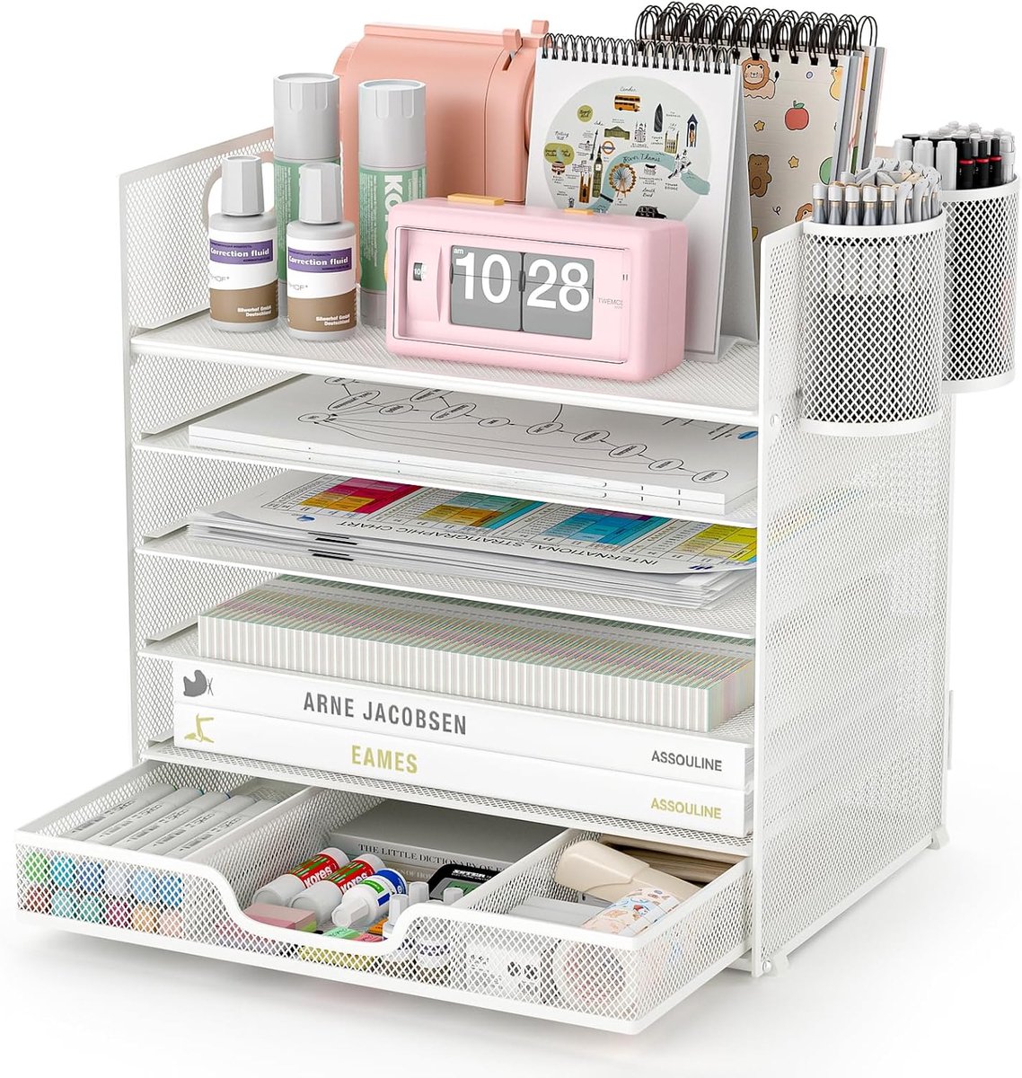 Bureau-organizer, 6 niveaus opbergvakken, stapelbaar met laden en 2 pennenhouders, mesh bureau-organizer, opbergtafel voor kantoor, werkkamer, school