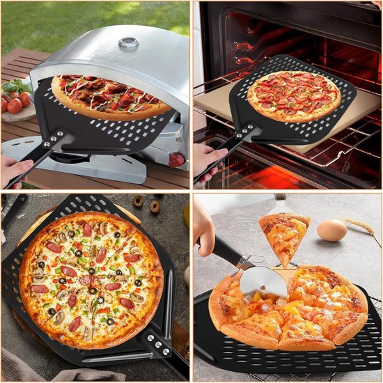 pizzaschep, 39 x 30 cm, geperforeerd, antiaanbaklaag, pizzaschep van hard geanodiseerd aluminium voor pizza, brood, zelfgemaakte pizzaschep, 82 cm in totaal — afbeelding 5