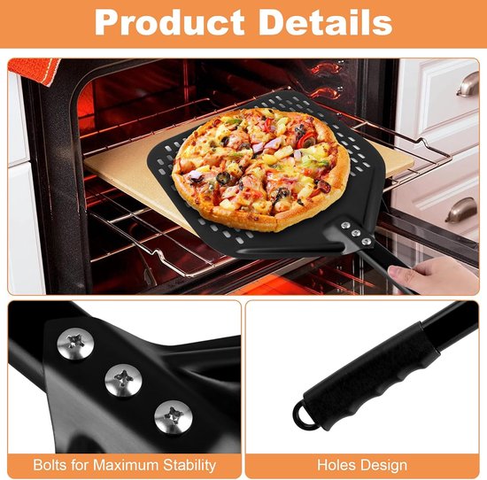 pizzaschep, 39 x 30 cm, geperforeerd, antiaanbaklaag, pizzaschep van hard geanodiseerd aluminium voor pizza, brood, zelfgemaakte pizzaschep, 82 cm in totaal — afbeelding 2