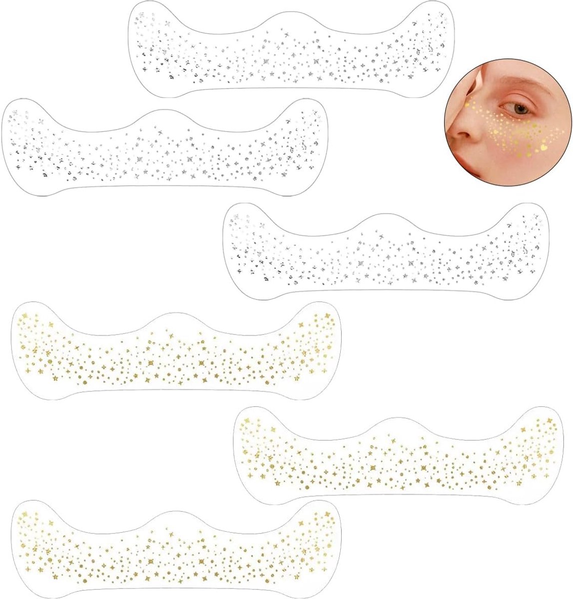 6 stuks glitter gezichtstoeages – 3 zilver + 3 goud, waterdichte tijdelijke sterren & stippen, voor zomer, festivals, feesten, carnaval, freckles, henna-designs, helder en trendy