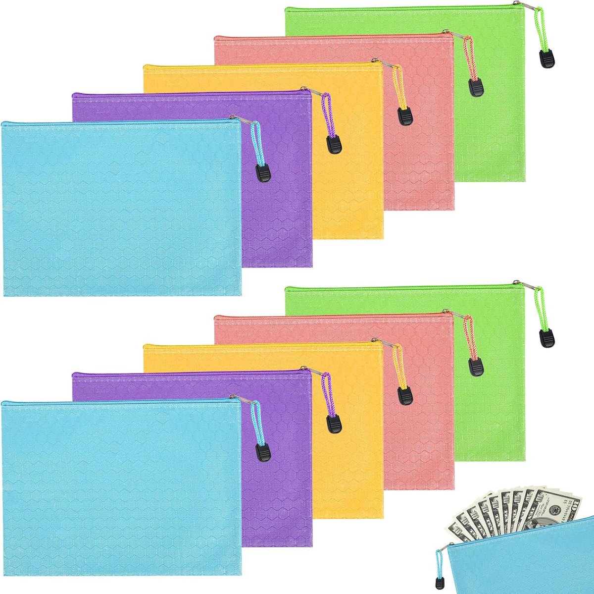 banktas, 10 stuks, 24 x 18 cm, portemonnee, waterdicht, A5, met ritssluiting, portemonnee voor huishouden, zaken, school (meerkleurig)