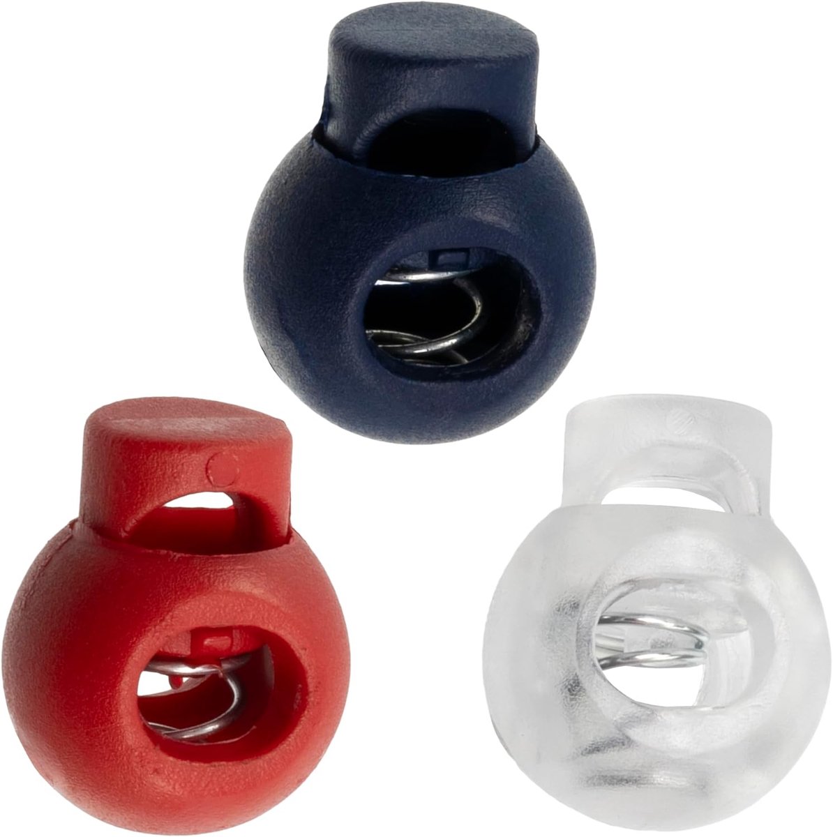 - Set van 12 ronde koordstoppers 15 mm met 1 gat en veer - kleur transparant donkerblauw rood - van kunststof - hobby's anorak kleding