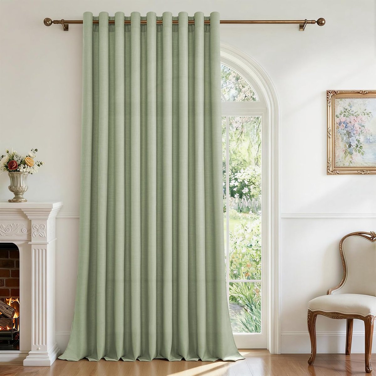 Groene gordijnen in linnenlook, semi-transparant, 1 stuk, 300 x 240 cm, gordijn met oogjes, voor woonkamer, slaapkamer, tienerkamer, bed, eetkamer, modern