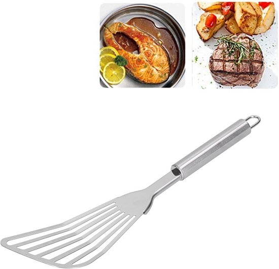 spatel met sleuf, roestvrij staal dik gepolijst vis draaier ergonomisch handvat flipper anti-aanbak kookgerei gereedschap met opknoping gat voor keuken camping restaurant — afbeelding 2