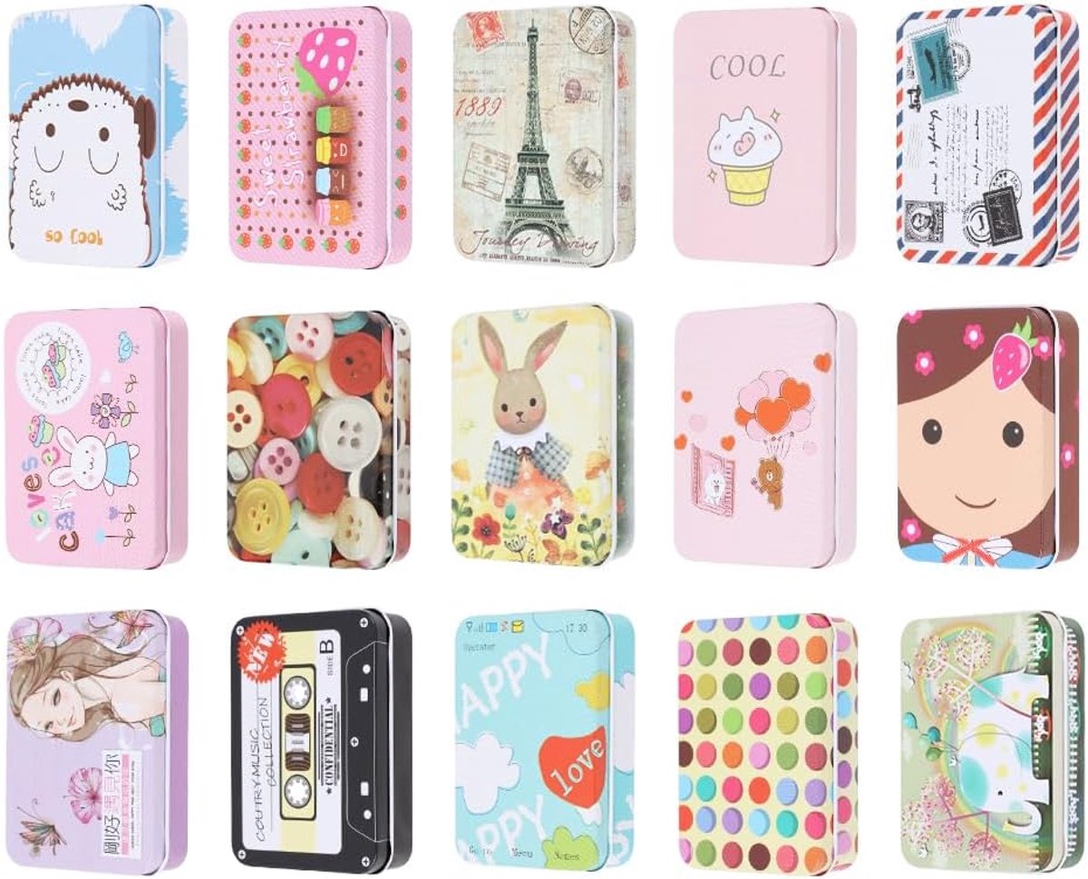 blikjes, 15 stuks, blikken blikken blikken met deksel, ijskist, koekjesdoos met deksel, kleine rechthoekige mini-blikjes, kleurrijke kleine koekjesdoos voor kleine voorwerpen en