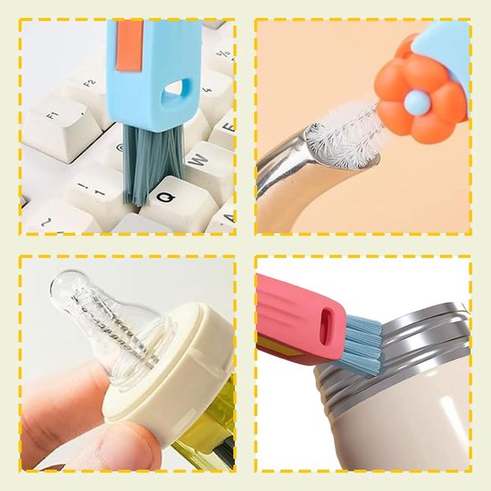 3 stuks 3-in-1 reinigingsborstel voor bekerdeksel, multifunctionele reinigingsborstel voor voegen, draagbaar, voor flessendeksels, verschillende kopjes (blauw, groen, roze) — afbeelding 4