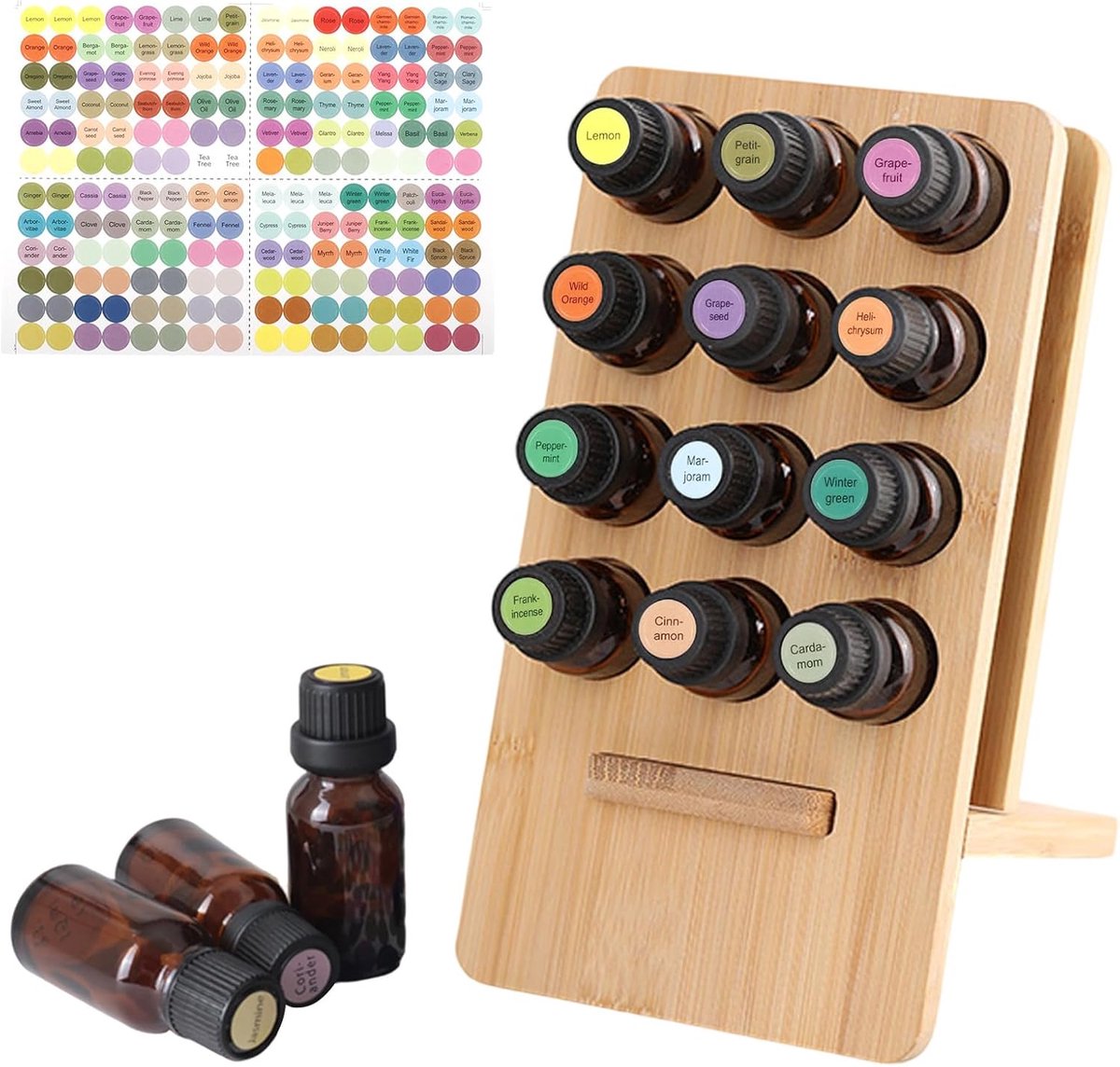 12 Houten Etherische Olie Bewaarblokken, Etherische Olie Display Organizer met Standaard Houder en 192 Etiketten voor Thuis/Spa/Toilettafel/Kantoor