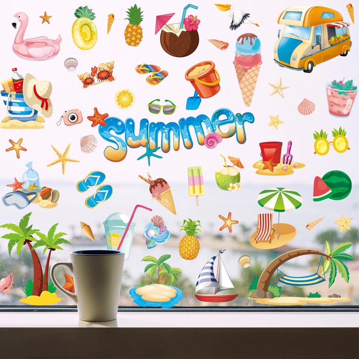 Raamstickers Verwijderbaar, 134 STKS Strand Fruit Badpak Raam Klampt Decals, Zomer Dubbelzijdige Gedrukt Stickers Decoraties voor Party Thuis Glas Indoor Outdoor Winkel School Slaapkamer