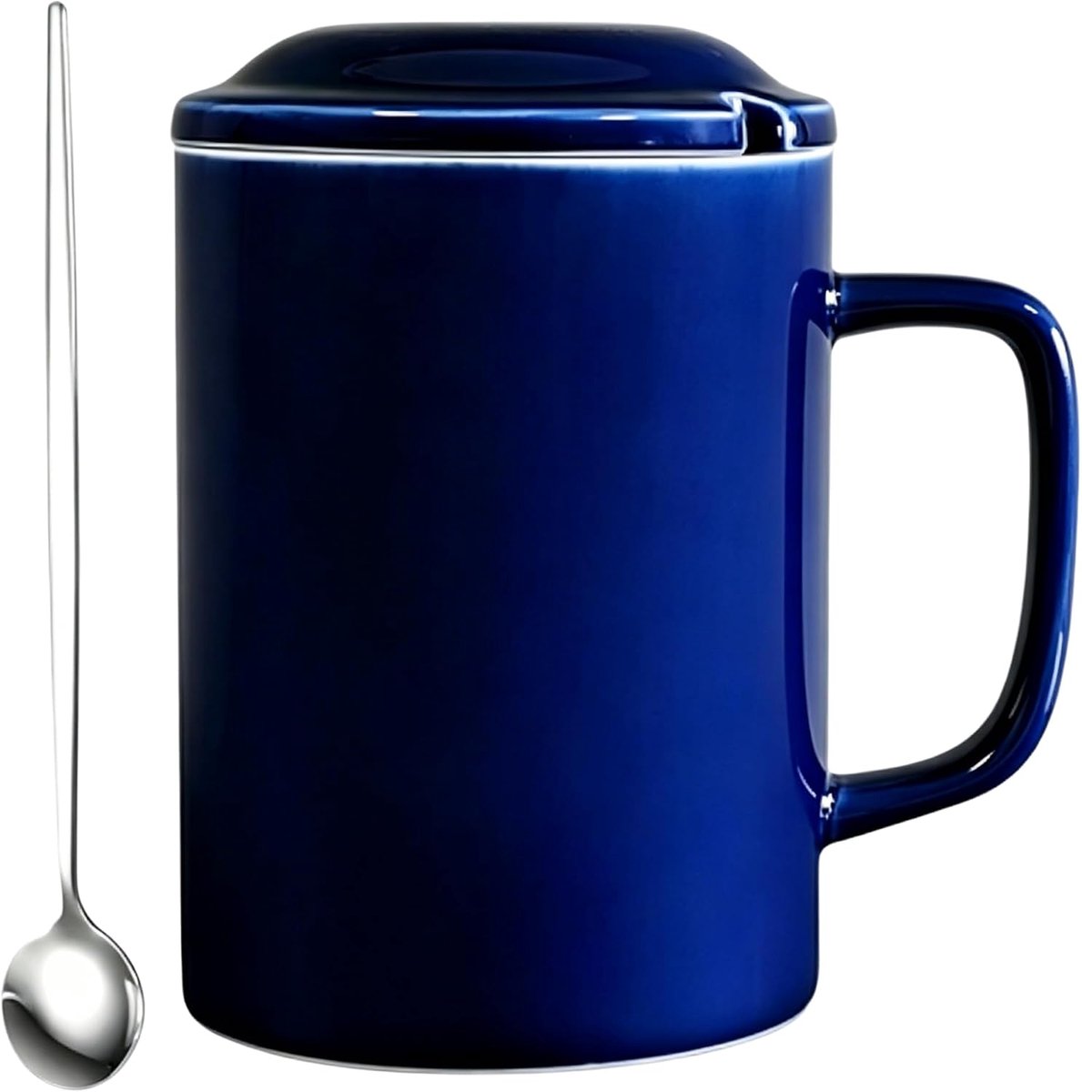 Koffiemok, 1000 ml, extra grote keramische koffiemok, grote XXL koffiekop, 1 liter met deksel en lepel voor kantoor en thuis, blauw