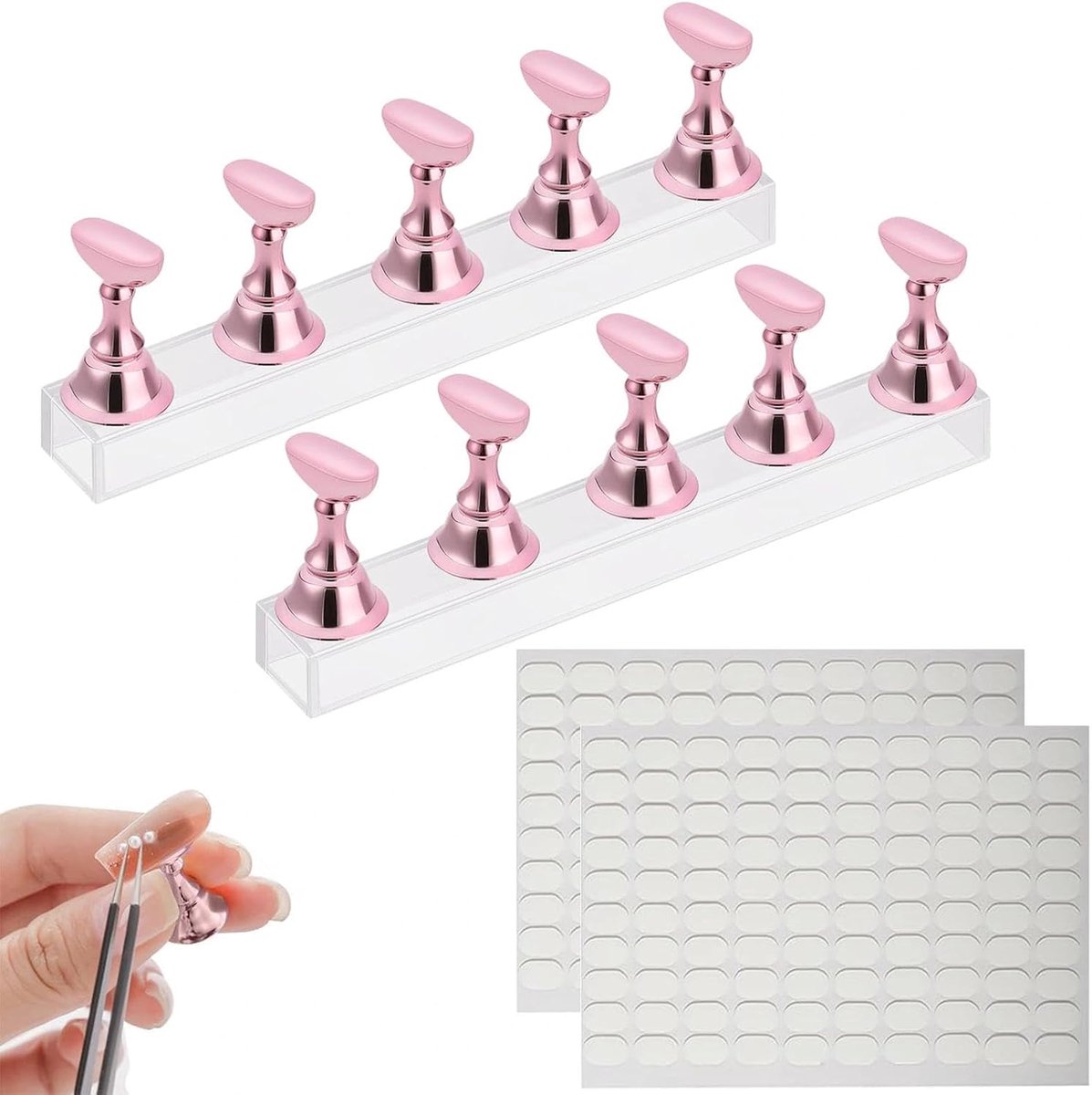 Set van 2 nageldisplaystandaard, acryl nagelstandaard voor press-on nagels, display, magnetische nagelstandaard met 200 stuks dubbelzijdig plakband voor nageldesign