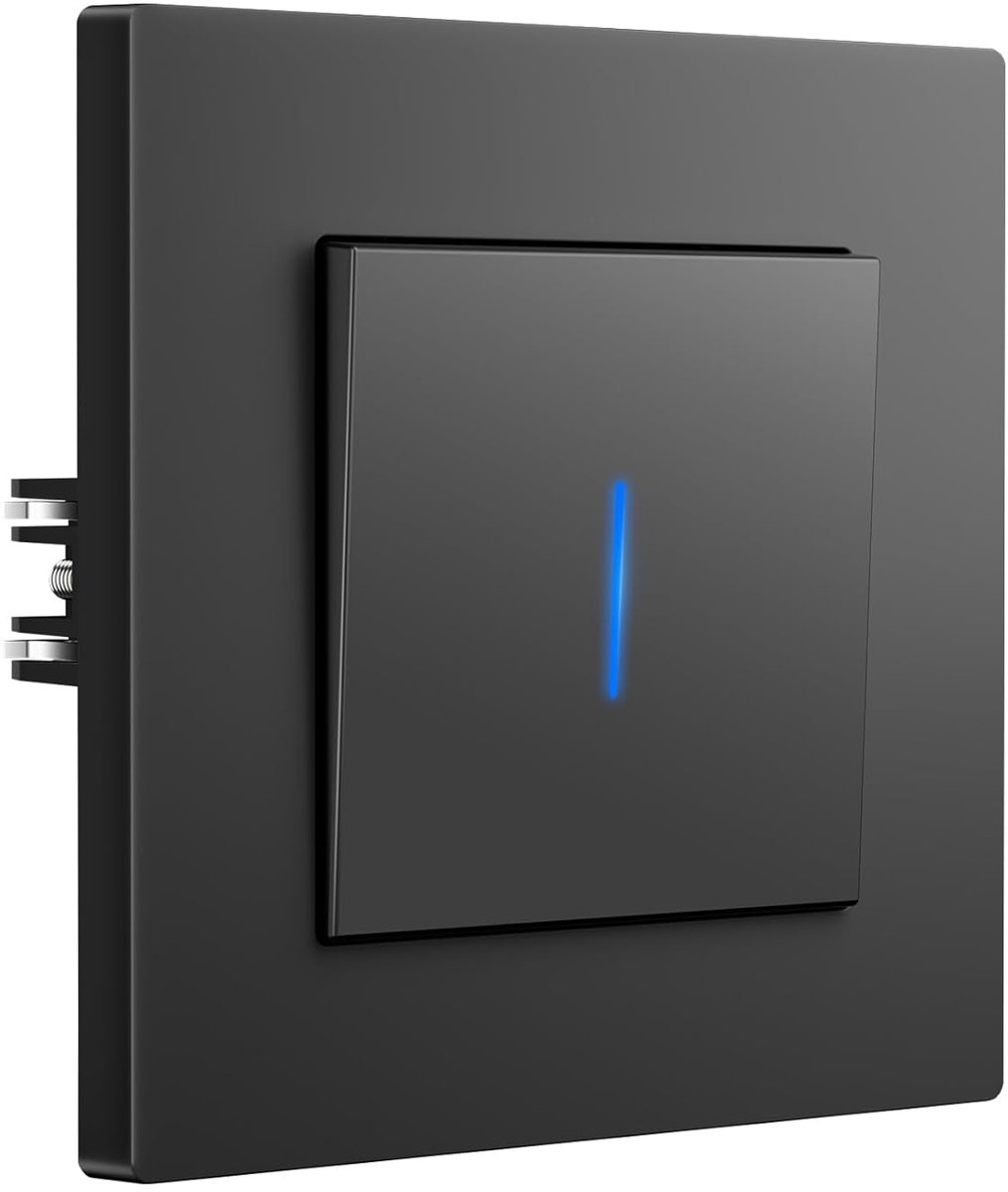 lichtschakelaar inbouw met klauwen, 1-voudig 2-weg wisselschakelaar met LED controlelampje, wandschakelaar met matte PC-lijst, moderne schakelaar, 86 mm, grijs