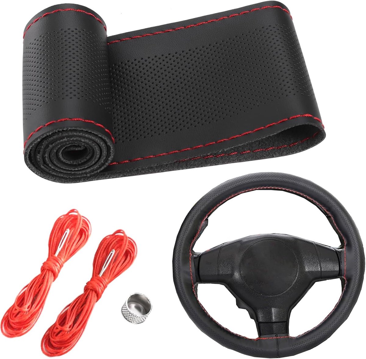 autostuurhoes, auto-accessoires interieur, doe-het-zelf rundleer, autostuurhoes, geschikt voor 37-39 stuurwiel (zwarte rode lijn in het midden gat)