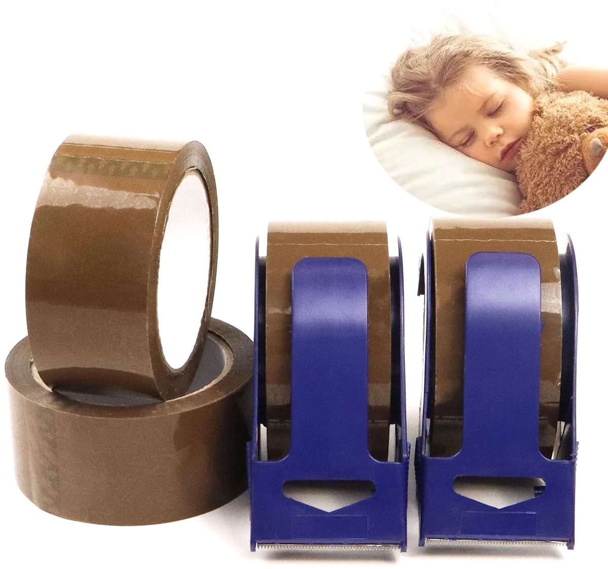 Pakkettape bruin met 2 plastic rollers, 4 rollen verpakkingstape, 48 mm x 50 m, geruisloze verpakkingstape voor verzending, verpakking, verzegeling