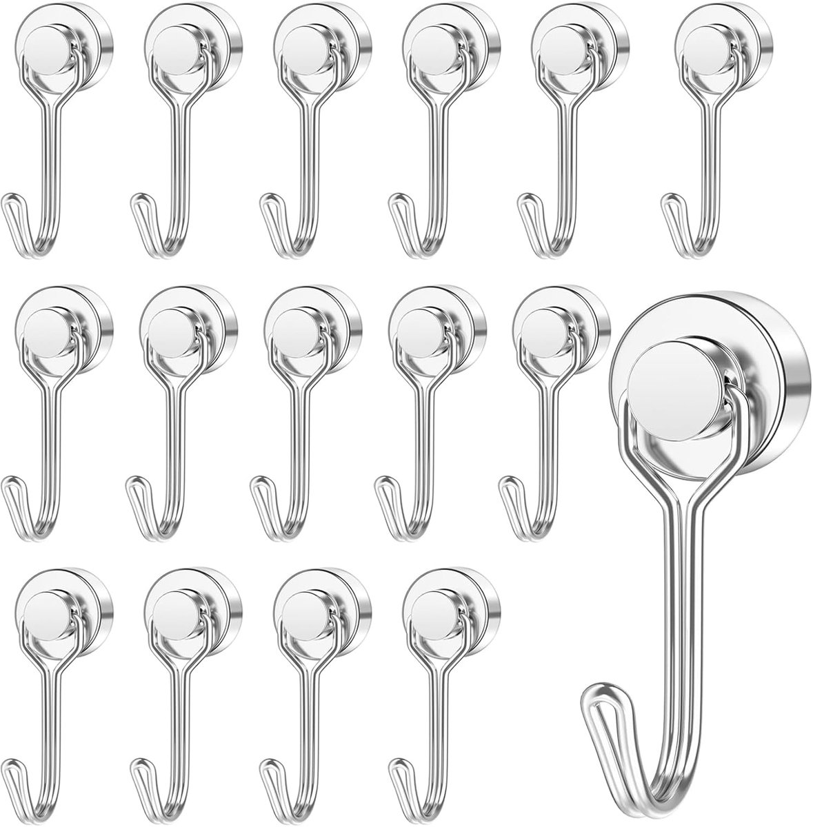 Magneethaken extra sterk, 16 stuks 14 kg + magneethaken | Magnetische haken voor kluisje, werkplaats, camper, grillstandaard, garage, keuken en voor flexibel ophangen