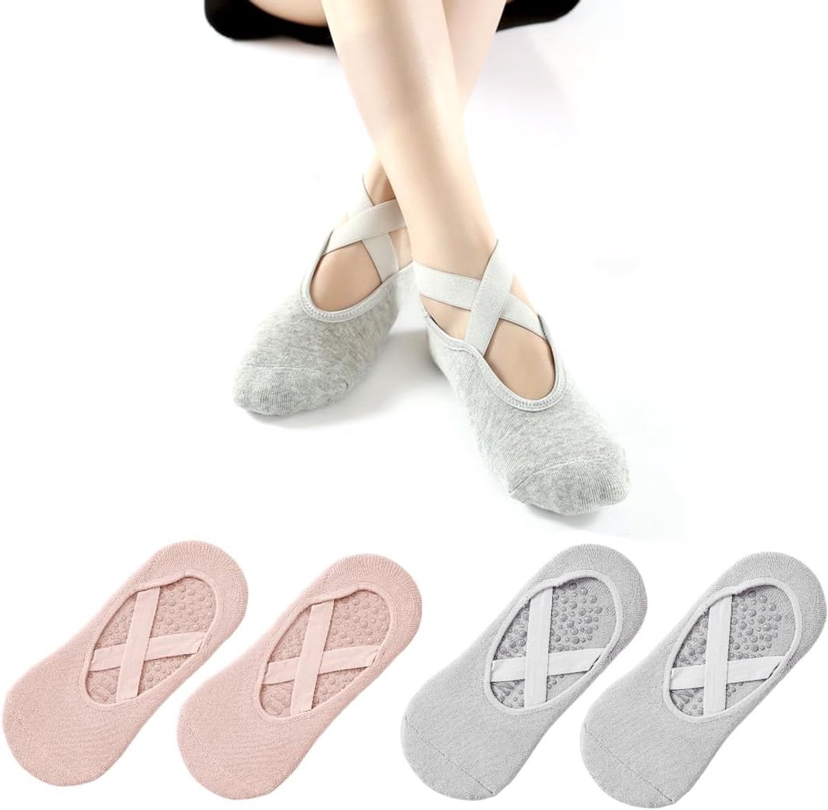 Sokken voor yoga, pilates, antislip, voor dames, voor yoga, fitness, antislip, met handgrepen en riem, voor pilates
