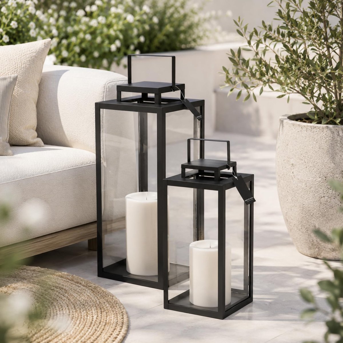 Lantaarns, windlicht, lantaarns, metalen lantaarns, set, decoratie, buiten, metaal, zwart, H50/40 cm
