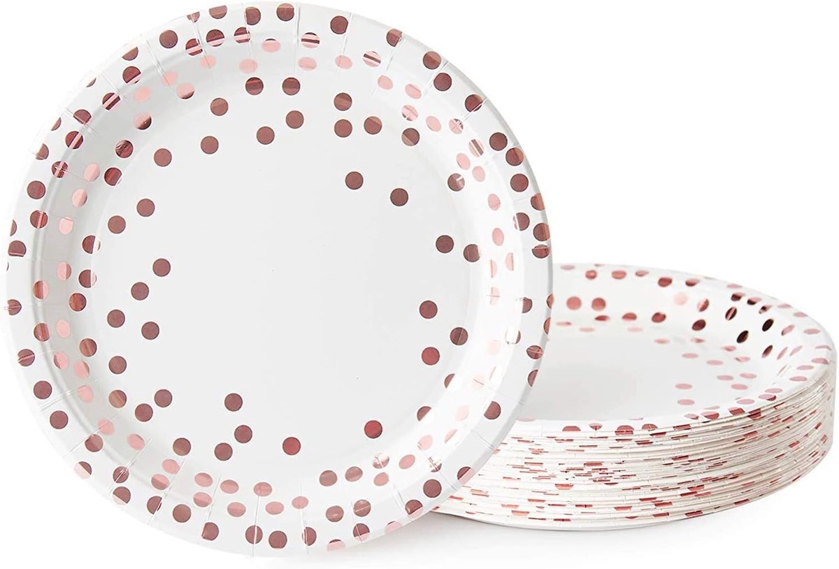 Polka Rose Gold Dot Verjaardagsdecoraties Papieren Platen, Wegwerp Papieren Feestborden Servies voor Meisjes Vrouwen Verjaardagsfeest, Bruiloft, Picknicks, Verjaardag Decoraties, Pack van 48