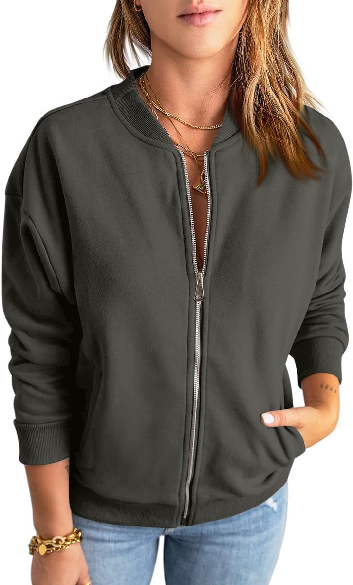 Sweatshirt met rits voor dames, oversized jack, sweatshirt, effen, losse lange mouwen, top, bovenstuk met zak
