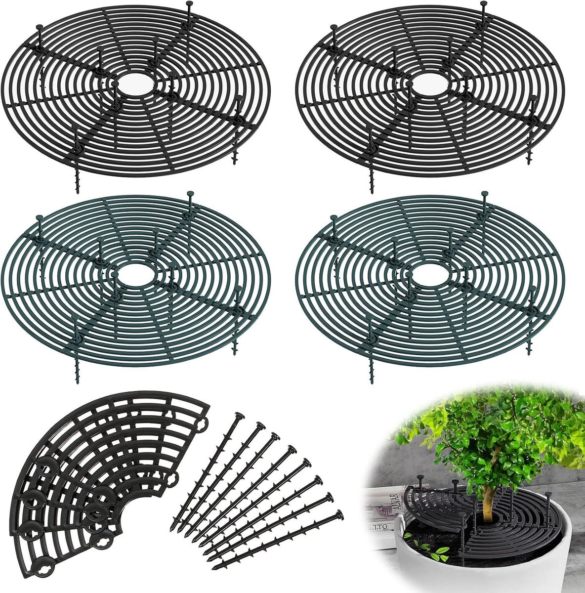4 stuks bloempotrooster, 30 cm, bloempotbescherming, afdekking, snijbare maat, plantenbescherming kat, rooster voor bloempotten, veilig voor katten, beschermt de plantaarde tegen dieren en