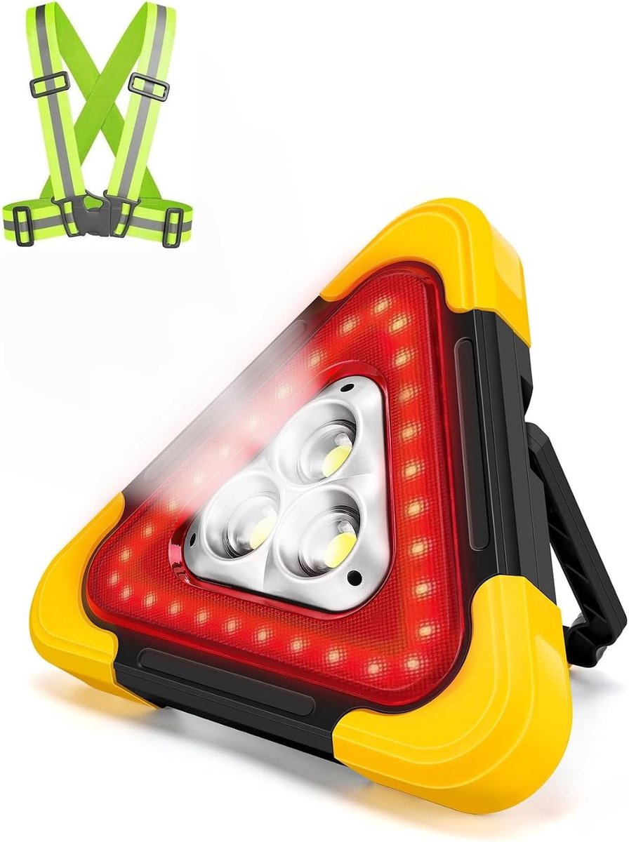 Driehoek, Driehoek Reflector, Veiligheidsdriehoek van 30 W, Draagbaar Noodlicht met Handvat, Hoge Zichtbaarheid, Waterdicht, 3 Standen, Inclusief Reflecterende Strips.