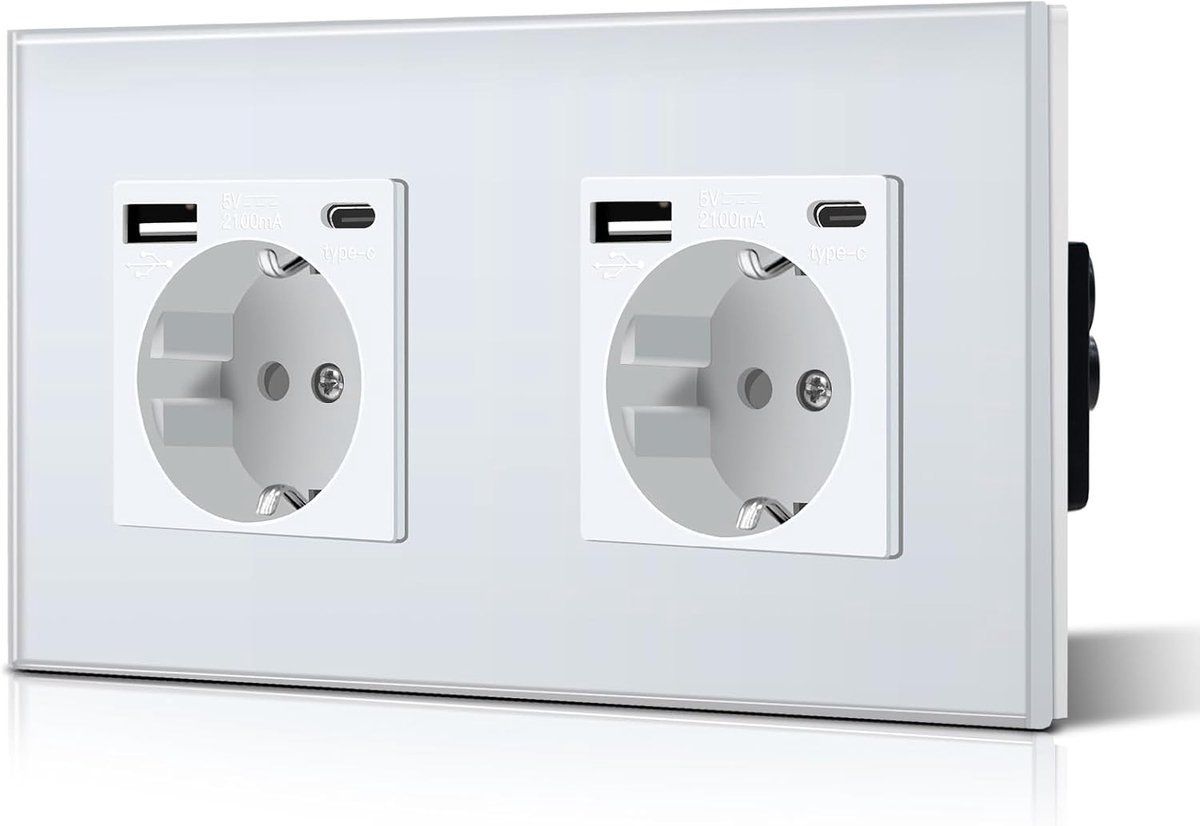 Dubbel Schuko wandstopcontact met USB en type C glas, 3-in-1 inbouwstopcontacten, 2-weg met 2,1 A USB-laadvermogen en type C-adapter, oplaadstation, verlengstopcontacten, 157 mm, wit