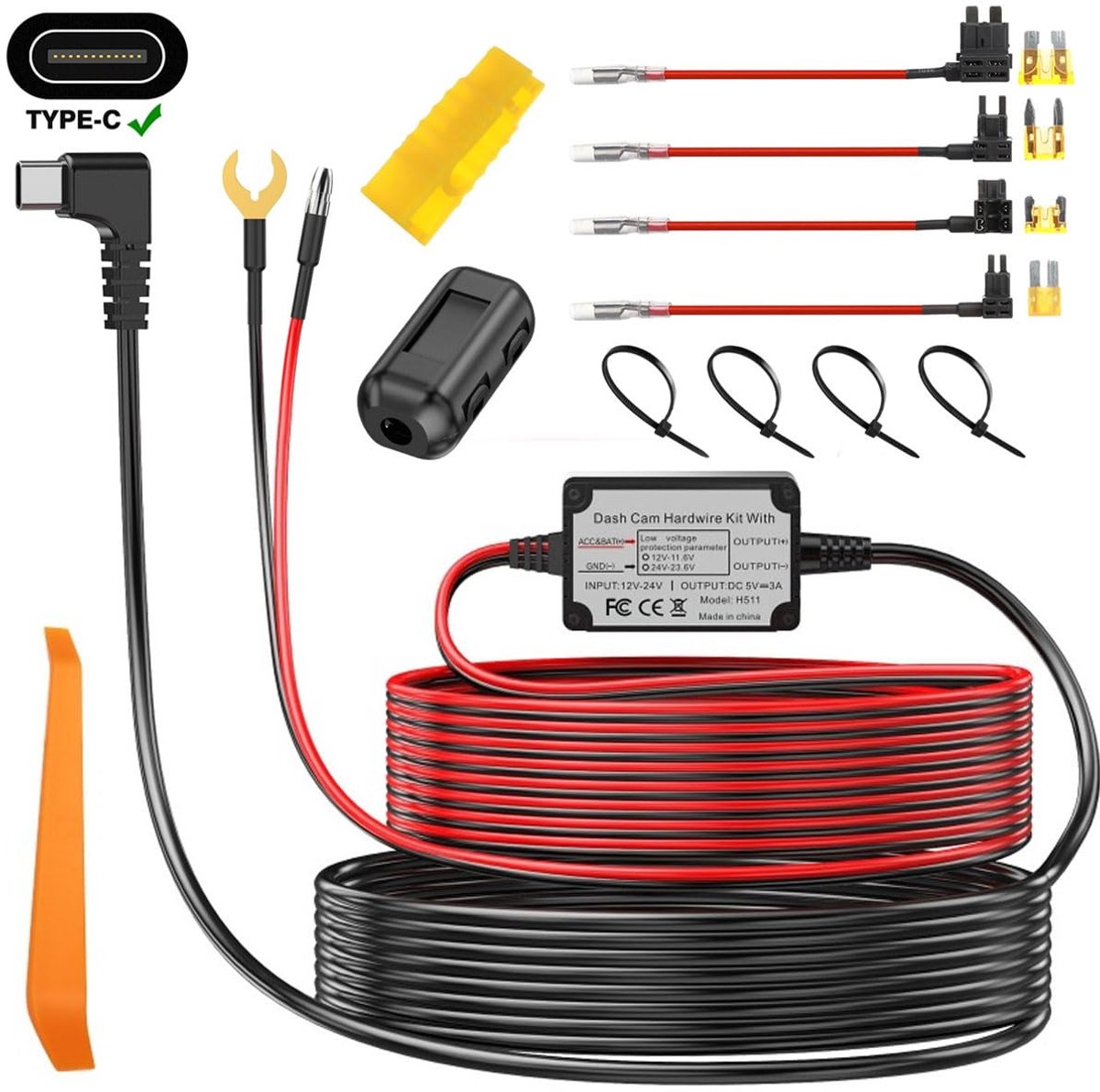 Dashcam Hardwire Kit - Type C USB Kabelset - 12V-24V naar 5V 3A - Ondervoltagebescherming voor Dashcam - SnelShoppen