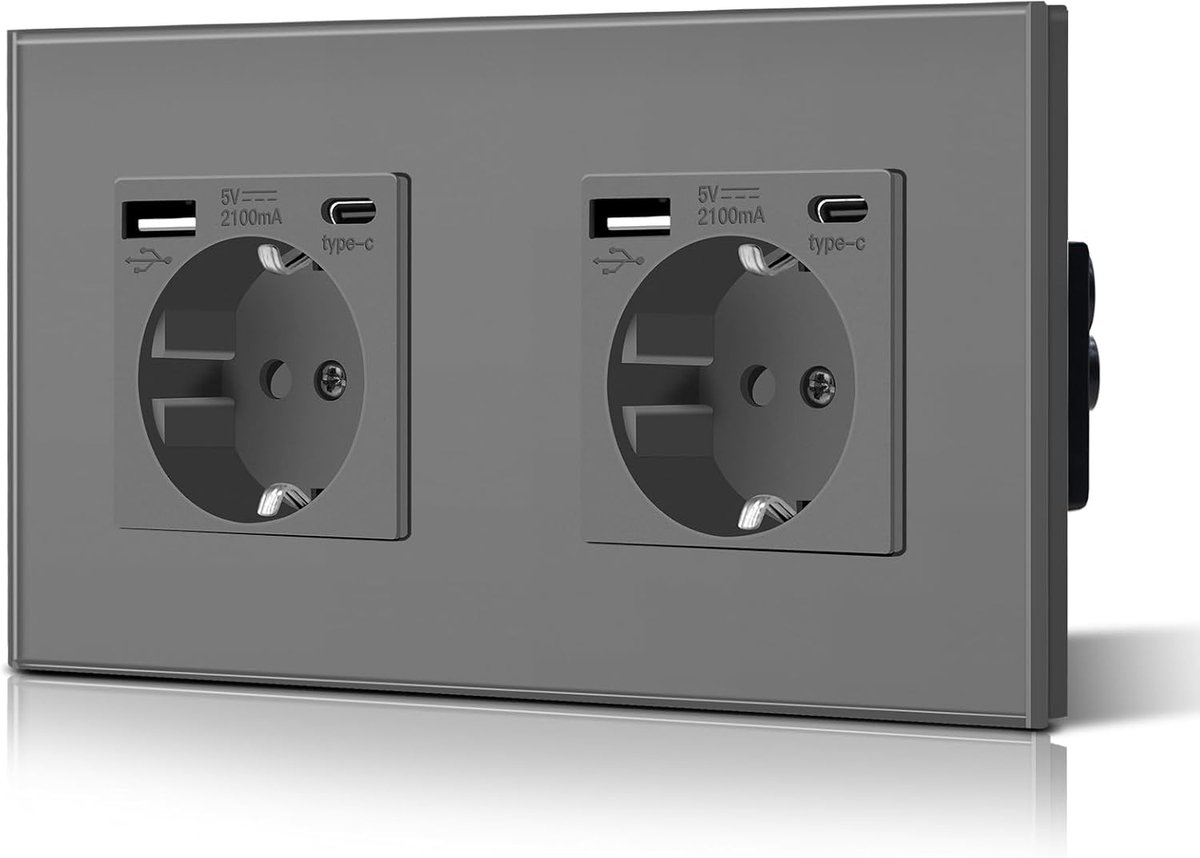 Wandcontactdoos met 2 standaard geaarde stopcontacten van 2,1 A, verbeterde USB-oplaadpoort en type C-ingang met glasplaat, eenvoudige installatie, 157 mm - grijs