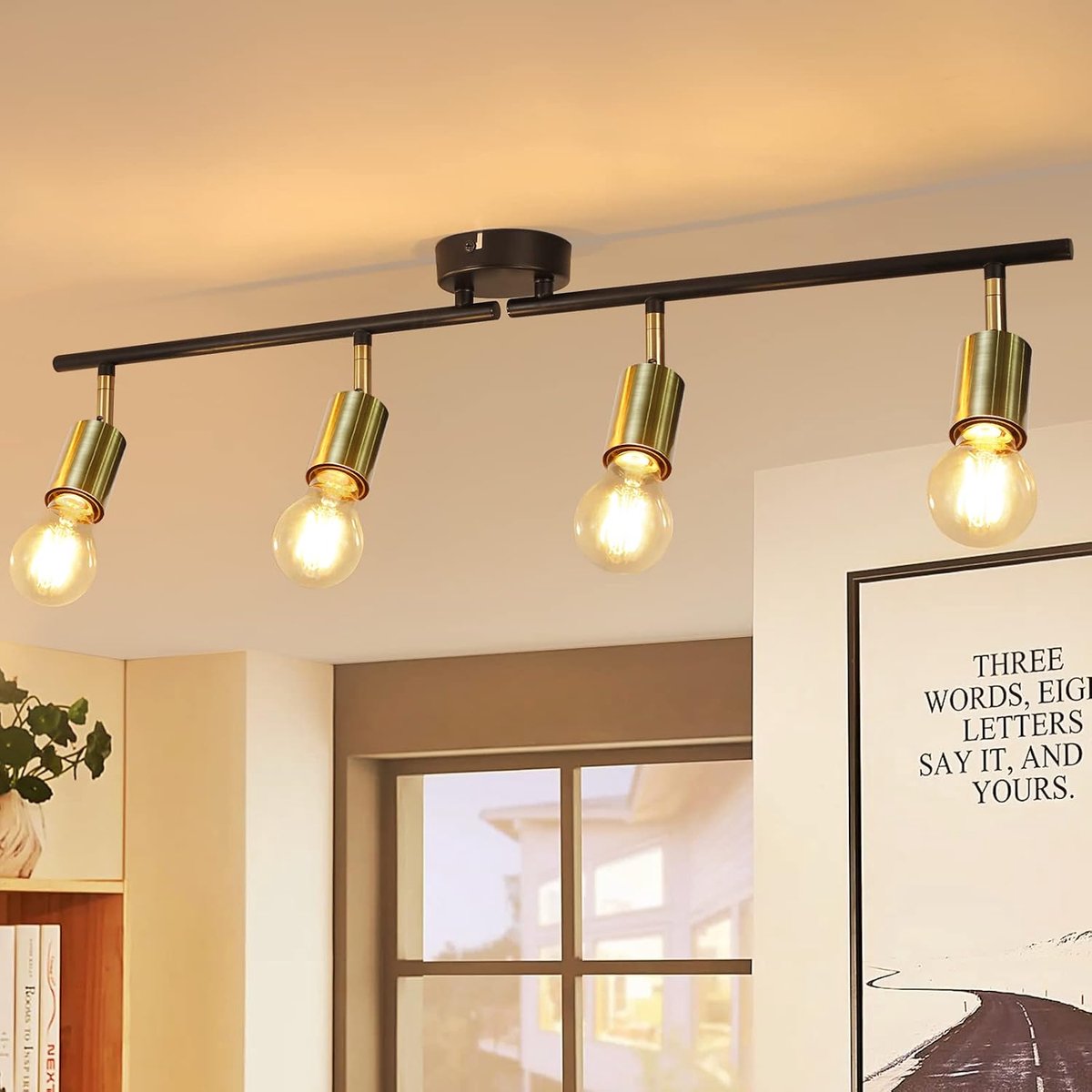 Vintage Plafondlamp 4 Lamp I E27 Retro Plafondlamp Zwart en Goud | Moderne Draaibare Woonkamer Lamp Industriële Plafondverlichting voor Woonkamer Slaapkamer Keuken Gangen Eetkamer