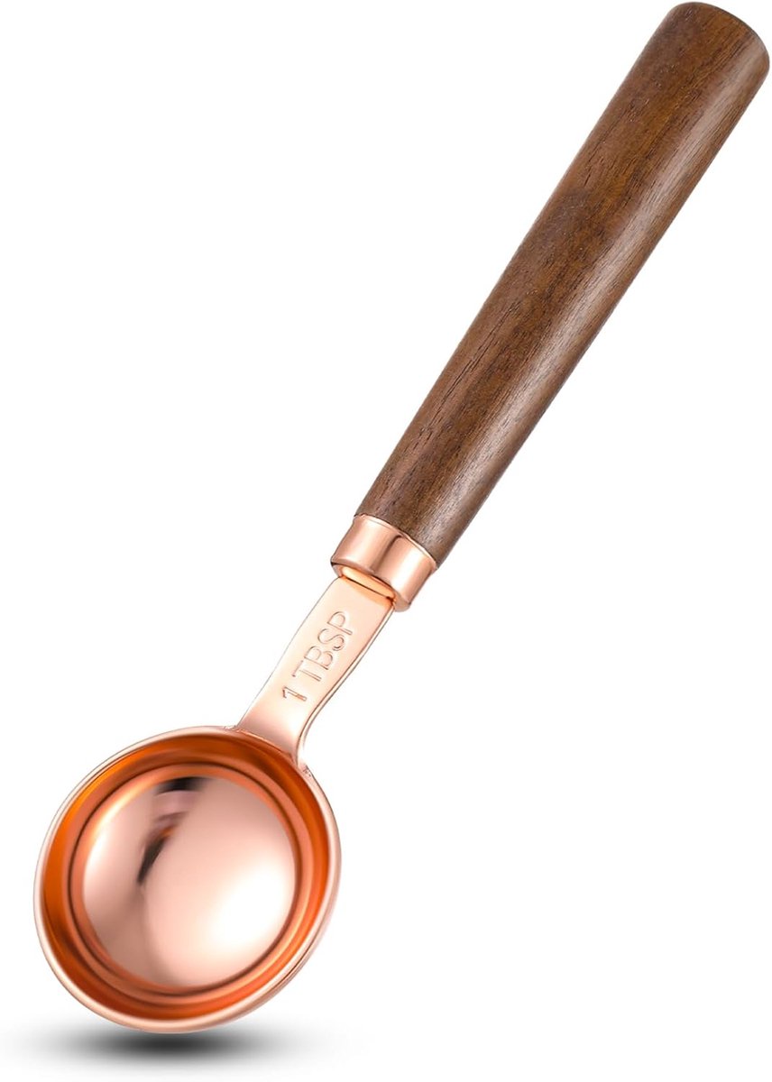 Koffie maatlepel, 1 stuk 15 ml 1 el retro roségoud koffielepel portioneerder met handvat van walnoothout roestvrij staal doseerlepel voor gemalen koffie koffiebonen thee matcha (15 ml, 5,49)