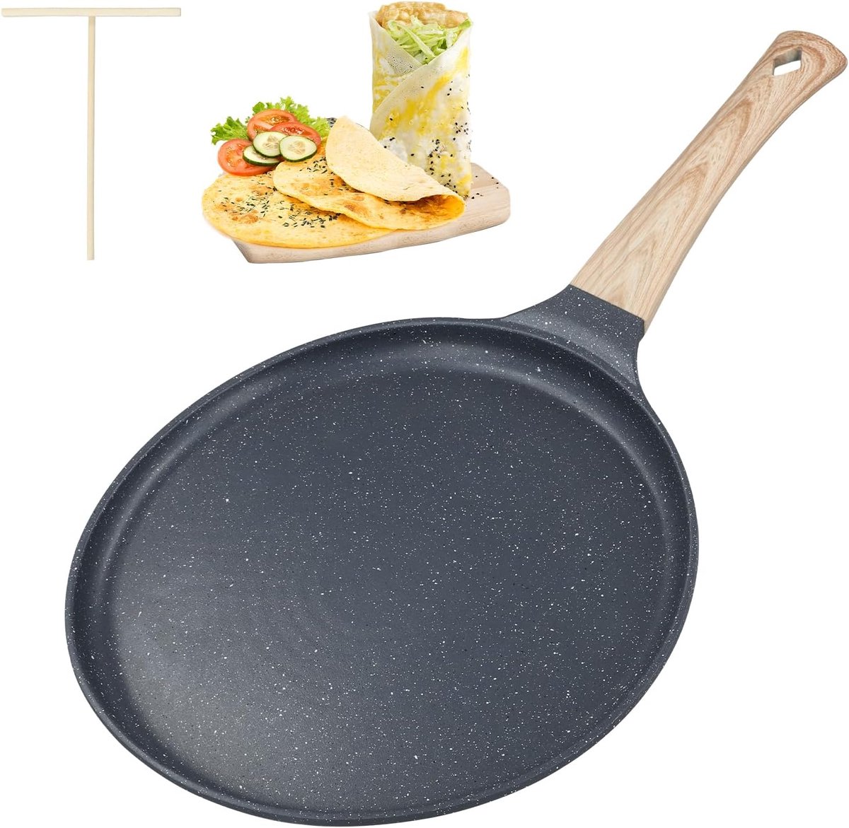 inductie, 24 cm palathampan met deegverdeler, pannenkoekenpan met echte steendeeltjes antiaanbaklaag, PFOA-vrij, houten handvat, voor alle warmtebronnen