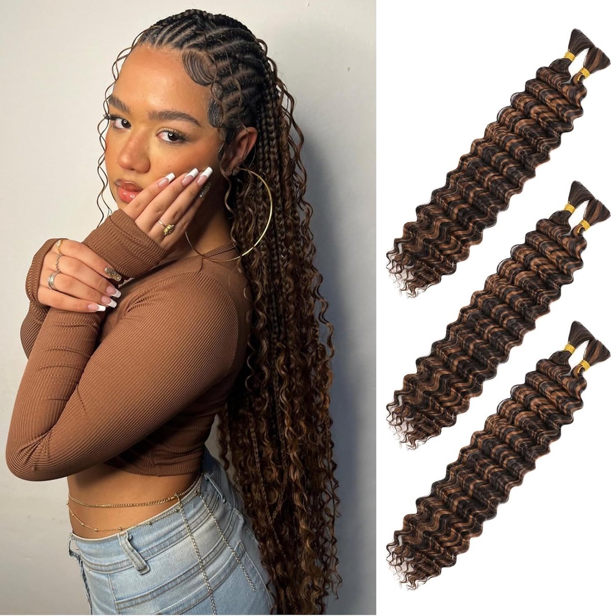 Deep Wave Bulk hair for Braiding 18 inch 2 Bundles/Pack No Weft for Braiding Wavy Synthetic Braiding Hair Extensions for Boho Braids (P4/30, 24inch(3pack))