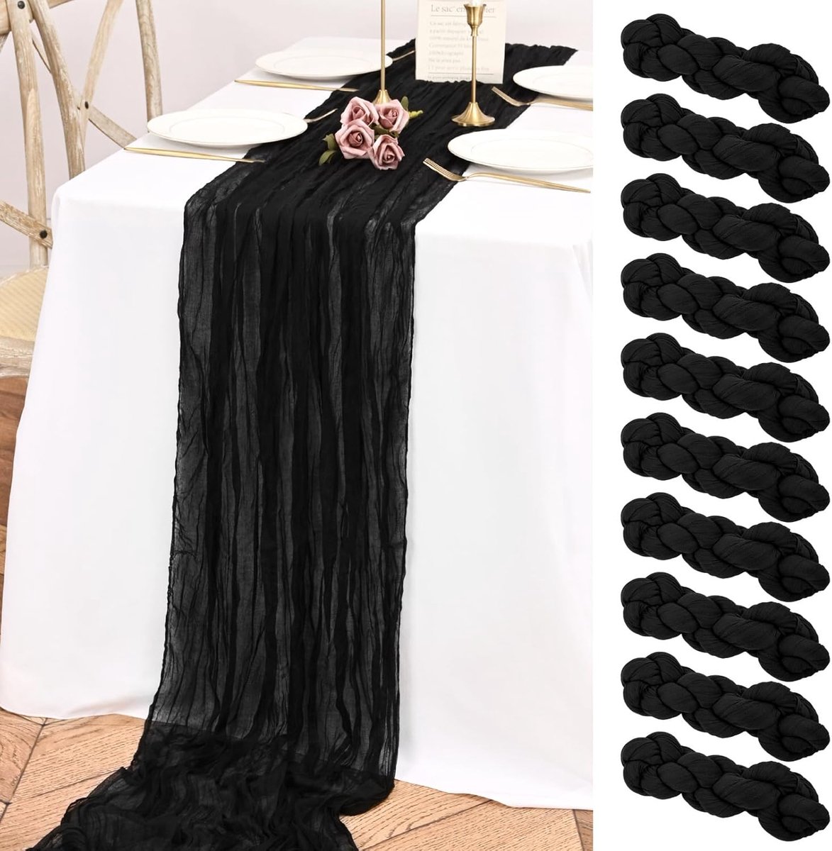 Seihtuch-Tischläufer, Boho, 3 m, Zwart, 3 m, 3 m lang, 53 cm breed, perfect voor bruiloften, feesten en huisdecoratie