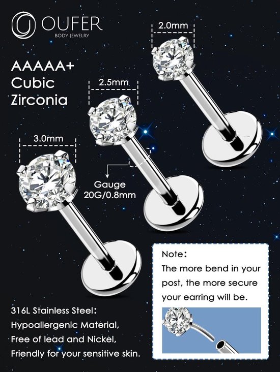 Neuspiercing 18/20 g, 3 stuks, platte achterkant, schelp, tragus, helix sieraden, zonder schroefdraad, chirurgisch staal, voor lippen, kraakbeen, CZ 6/8/10 mm — afbeelding 2