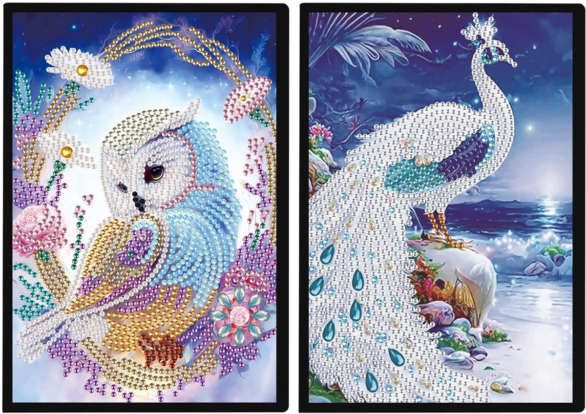 Diamond Painting Notitieboek, 2 stuks, uil, pauw, A5, blanco, diamant, schilderij, notitieboeken, diamond painting, dagboek, meisjes, schetsboek, oefenboek, pauwenboek, uil, volwassenen,