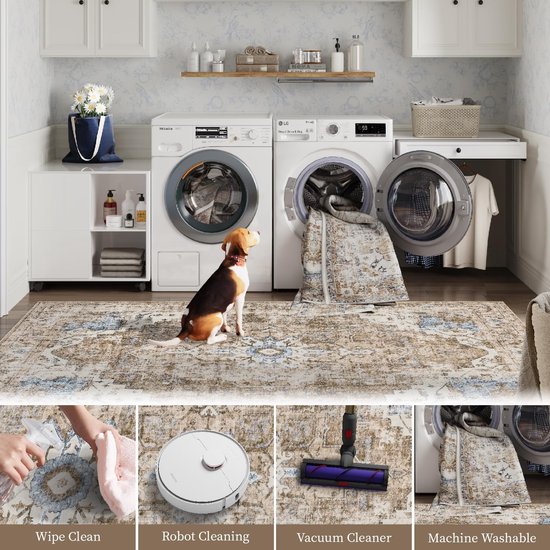 Loper, 60 x 150 cm, wasbaar, keukenloper, laagpolig, retro, baksteenmotief, bloem, oosters tapijt, antibacterieel, opvouwbaar, antislip, dun voor looppaden, slaapkamer, woonkamer, hal — afbeelding 4